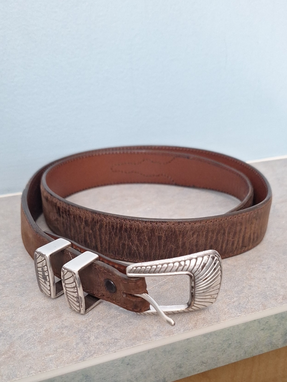 Vinage Pinto Ranch Brown GoatskinLeather Men’s Belt with Silver Tone Buckle